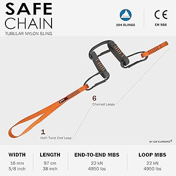 16mm Nylon Safe Chain PAS Sling 22kN CE UIAA Certified for Personal Anchor System Rappel Transition Aid Climbing 97cm / 38in