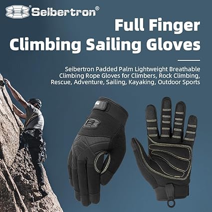 Full or Half Finger Padded Palm Lightweight Breathable Climbing Rope Gloves for Climbers, Rock Climbing, Rescue, Adventure, Sailing, Kayaking, Outdoor Sports